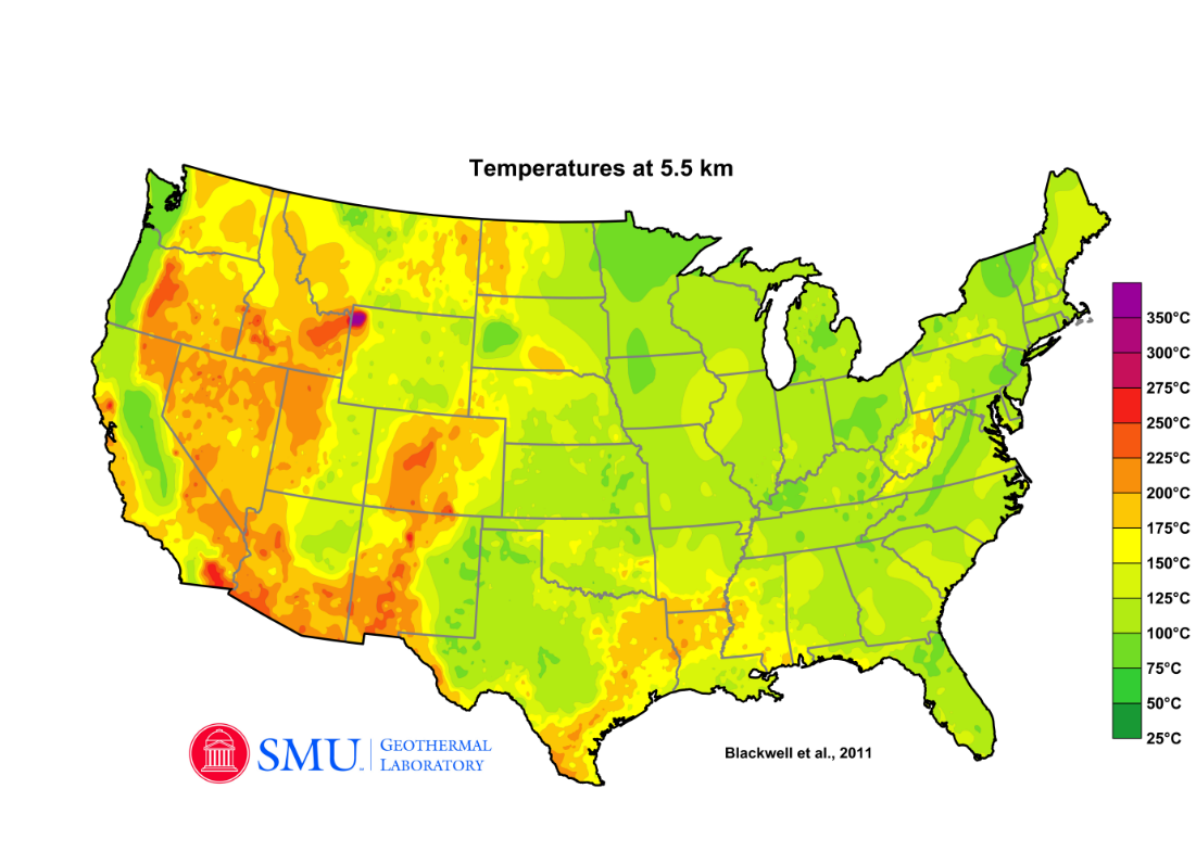 Map of U.S. subsurface temperatures at 5.5 km depth